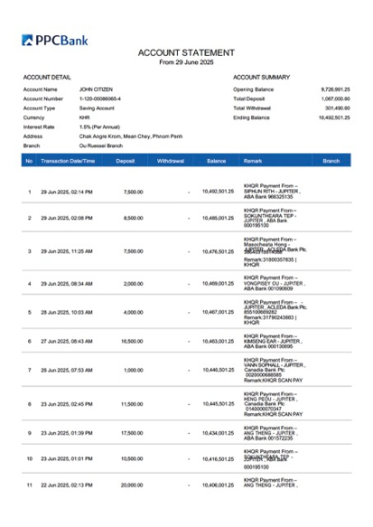 Download Cambodia PPCBank account statement word